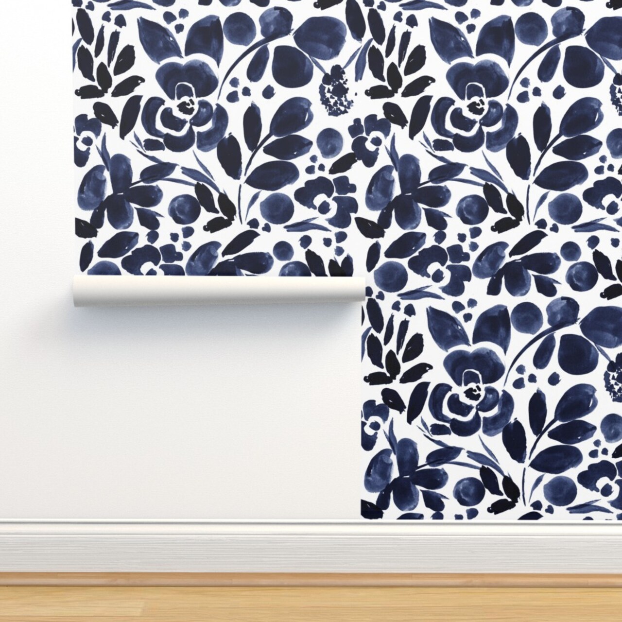 Navy Blue White Floral Dark Indigo Watercolor Romantic Flowers Custom Pre-pasted Wallpaper by Spoonflower Pre-Pasted Wallpaper 2FT Wide